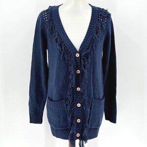 Chasor Navy Blue Fringe Button Front Cardigan Sweater M